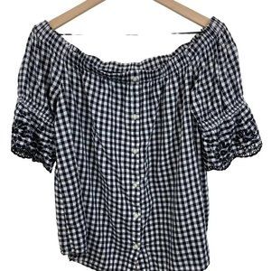 Gap Checkered off Shoulder Blouse with Elbow Length Sleeves Black & White Small